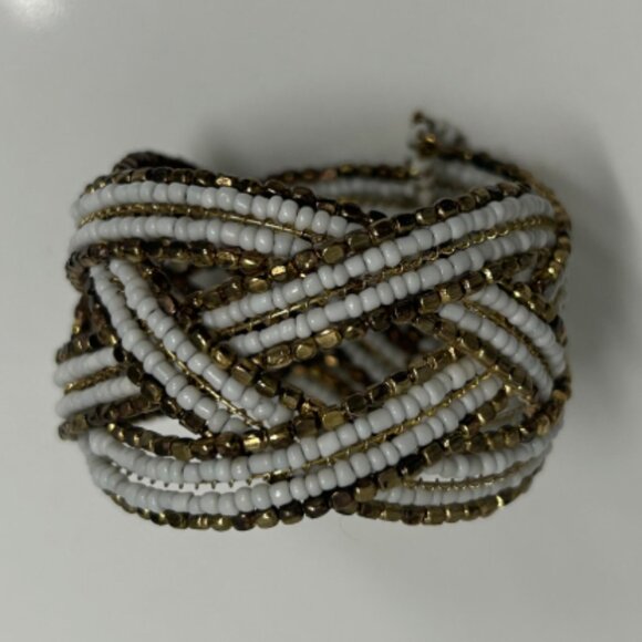Anthropologie White & Gold Beaded Multi-Strand Bangle Bracelet - Picture 3 of 4
